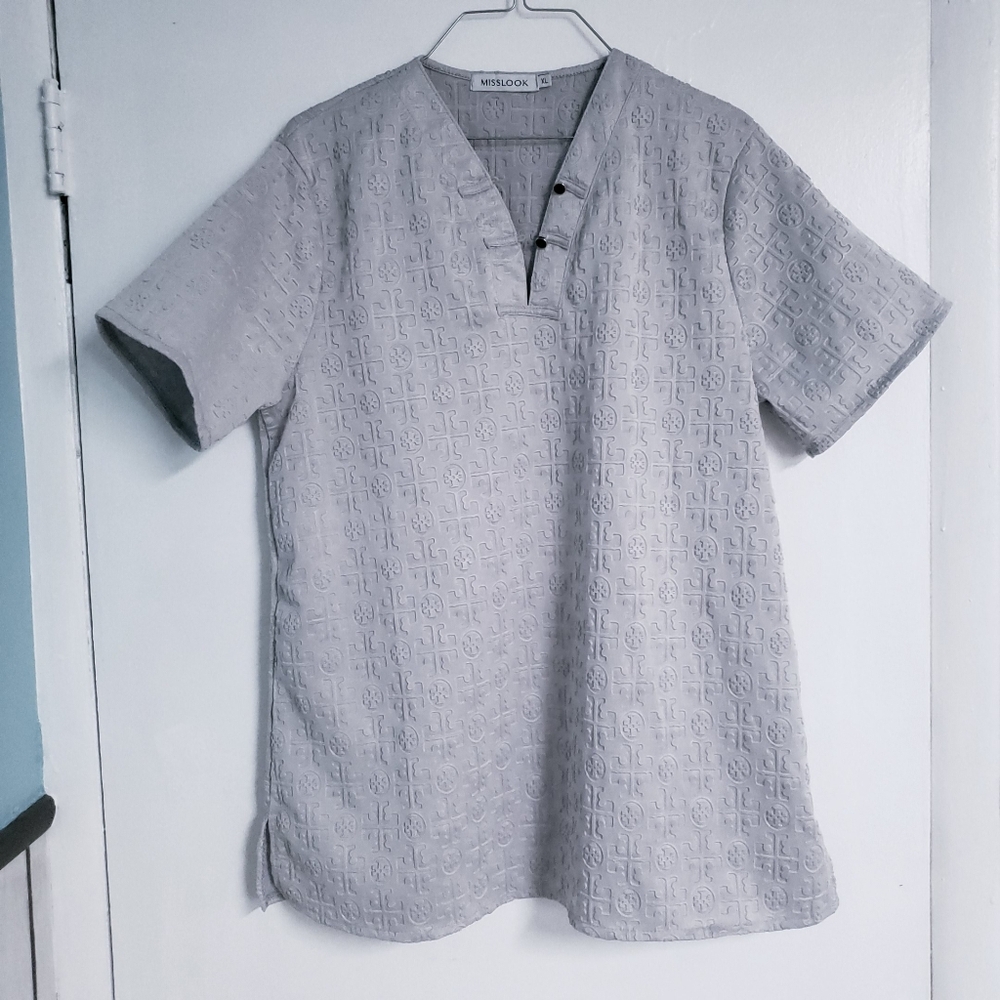 Tory Burch Raised Design Misslook XL Womens Button Up Collar Gray Blouse Top